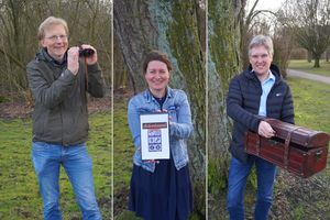 Frank Osinski und Kathrin Militzer vom Jugend- und Familienbüro der Stadt Lippstadt und Axel Bohnhorst, Vorsitzender des Vereins „Für unsere Kinder e. V. (v. links) empfehlen einen „Bound“ als Abwechslung beim nächsten Familienspaziergang. Foto: Stadt Lippstadt     