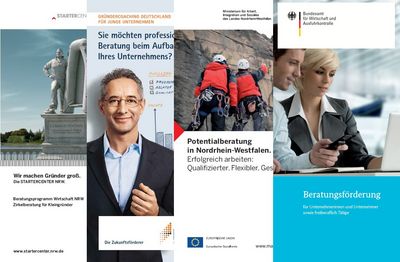 Collage von Flyern von Beratungsförderungen