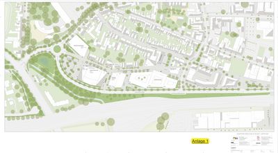 Zu sehen ist westlich des Stadthauses das Parkhaus, das anstelle großzügiger unterirdischer Parkflächen entstehen soll sowie am Stadthausplatz der Mobilitäts-Hub, in dem insbesondere ein unterirdisches Fahrradparkhaus seinen Platz finden wird.
