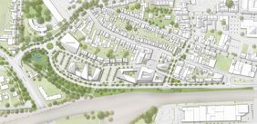 Zwischen Hospitalstraße und Jakob-Koenen-Straße erstreckt sich das überplante Gelände. Der dreiteilige Bau im Osten stellt das Verwaltungsgebäude dar, weiter im Westen befinden sich der Lebensmittelmarkt und das Parkhaus. 