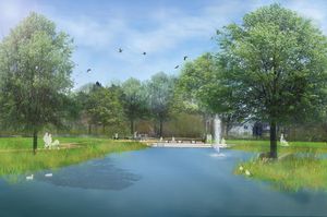 Der Teich im Theodor-Heuss-Park wird nach der Umgestaltung größer und tiefer sein, um durch den erweiterten Lebensraum am und im Wasser für mehr Artenvielfalt zu sorgen und das Stadtklima nachhaltig zu verbessern. Visualisierung: B.S.L. Landschaftsarchitekten