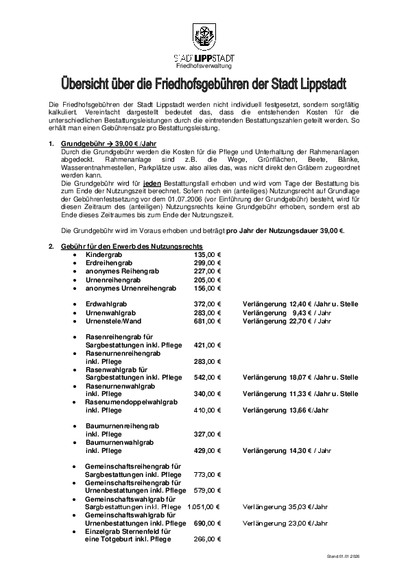 Übersicht Friedhofsgebühren