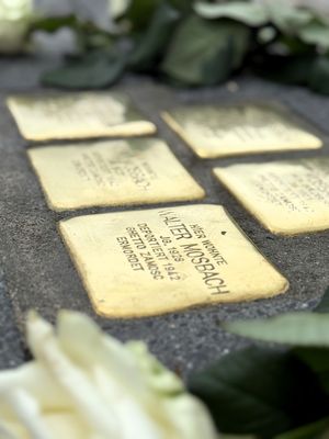 Die Stolpersteine am Südertor erinnern an Julius, Johanna, Gerda, Kurt und Walter Mosbach. Foto: Stadt Lippstadt